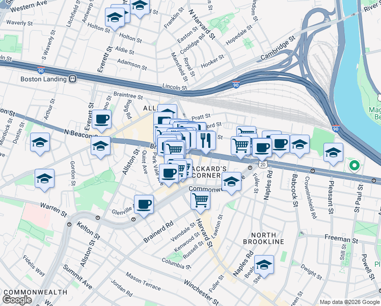 map of restaurants, bars, coffee shops, grocery stores, and more near 100 U.S. 20 in Boston