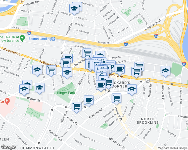 map of restaurants, bars, coffee shops, grocery stores, and more near 47 Park Vale Avenue in Boston