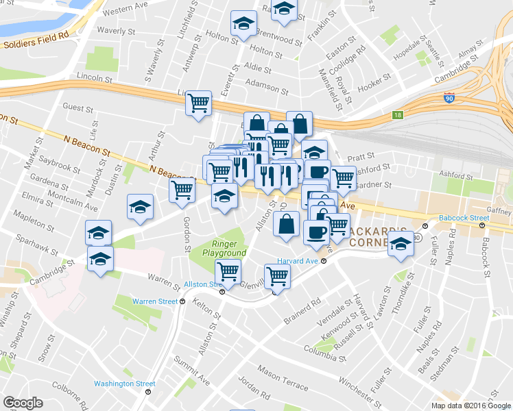 map of restaurants, bars, coffee shops, grocery stores, and more near 21-23 Higgins Street in Boston