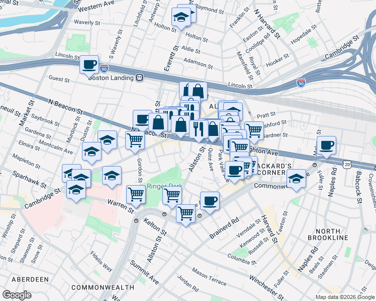 map of restaurants, bars, coffee shops, grocery stores, and more near 21-23 Higgins Street in Boston
