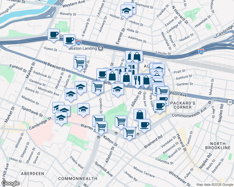 map of restaurants, bars, coffee shops, grocery stores, and more near 1 Islington Street in Boston