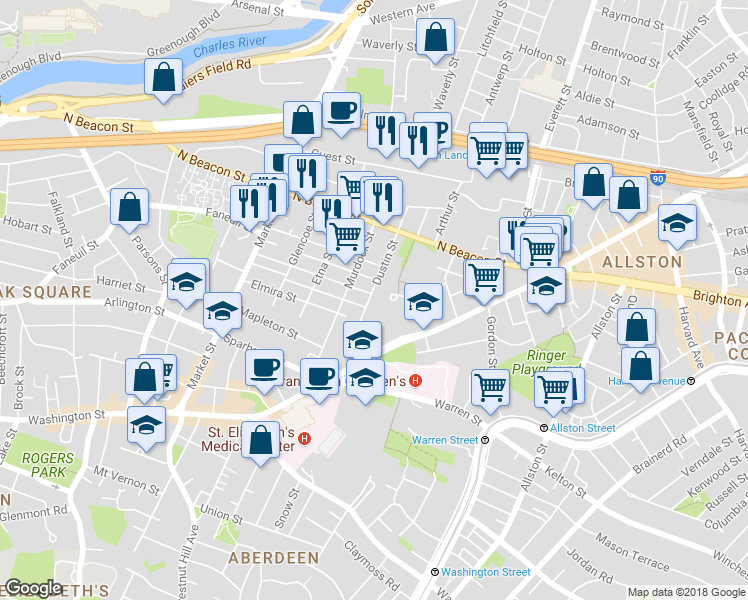 map of restaurants, bars, coffee shops, grocery stores, and more near 59 Dustin Street in Boston