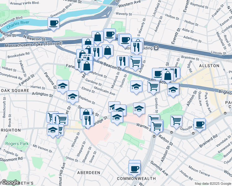 map of restaurants, bars, coffee shops, grocery stores, and more near 59 Dustin Street in Boston