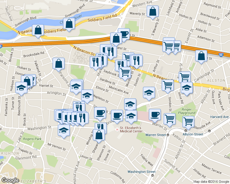map of restaurants, bars, coffee shops, grocery stores, and more near 96 Etna Street in Boston