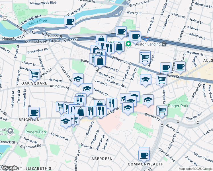 map of restaurants, bars, coffee shops, grocery stores, and more near 90 Glencoe Street in Boston