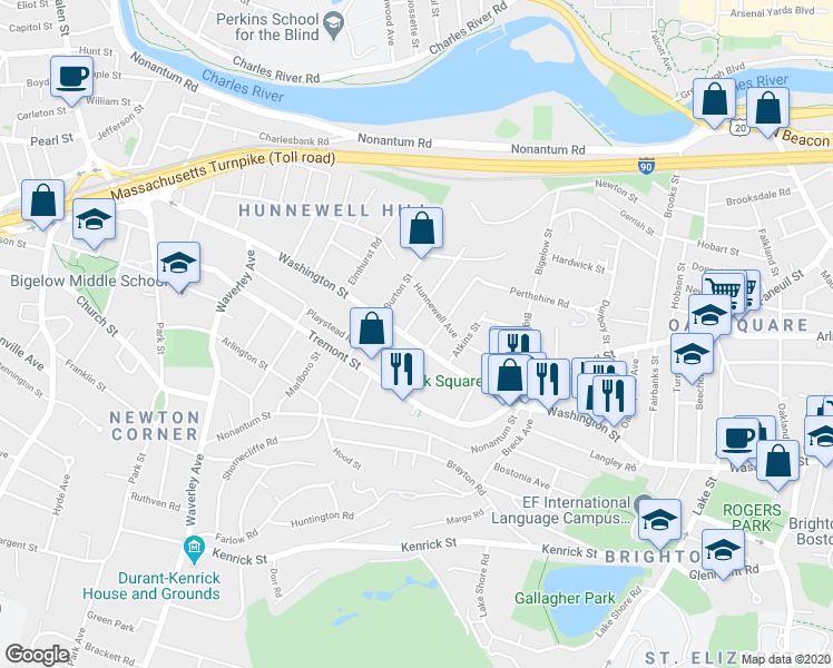 map of restaurants, bars, coffee shops, grocery stores, and more near 697 Washington Street in Boston