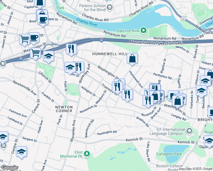map of restaurants, bars, coffee shops, grocery stores, and more near 196 Tremont Street in Newton