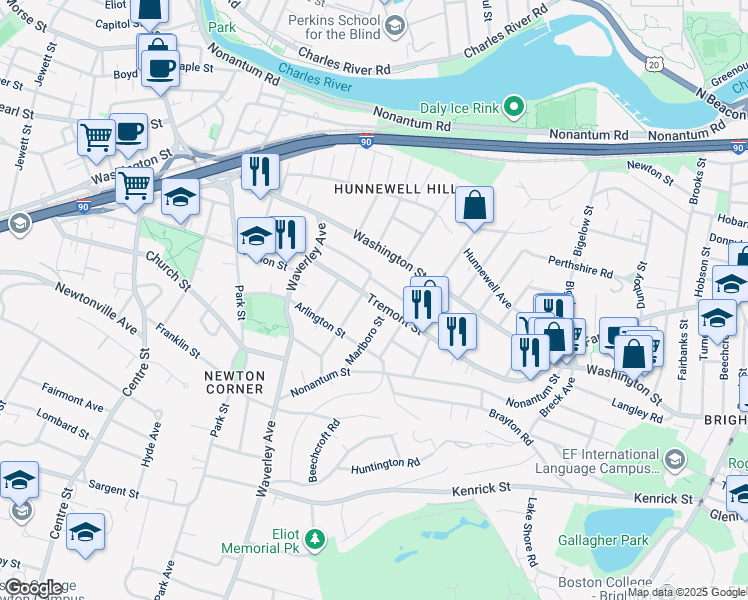 map of restaurants, bars, coffee shops, grocery stores, and more near 196 Tremont Street in Newton