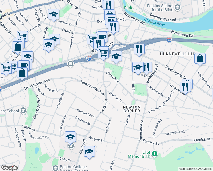 map of restaurants, bars, coffee shops, grocery stores, and more near 42 Hollis Street in Newton