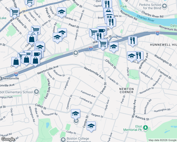map of restaurants, bars, coffee shops, grocery stores, and more near 62 Newtonville Avenue in Newton
