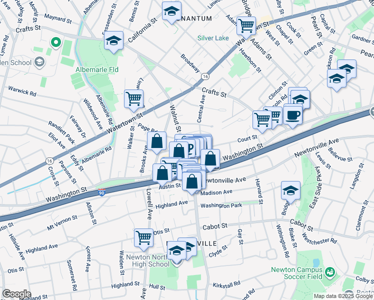 map of restaurants, bars, coffee shops, grocery stores, and more near 227 Walnut Street in Newton