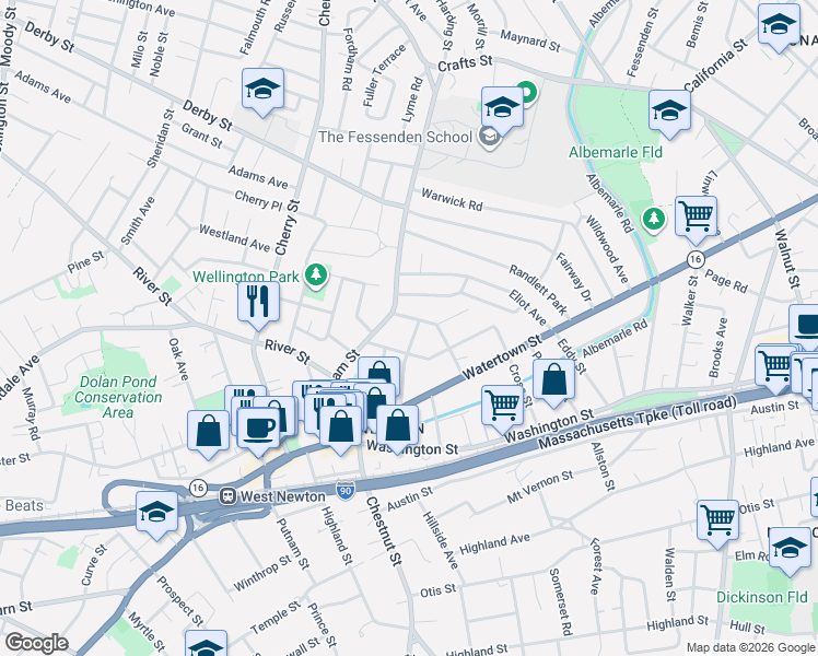 map of restaurants, bars, coffee shops, grocery stores, and more near 14 Stoneleigh Road in Newton