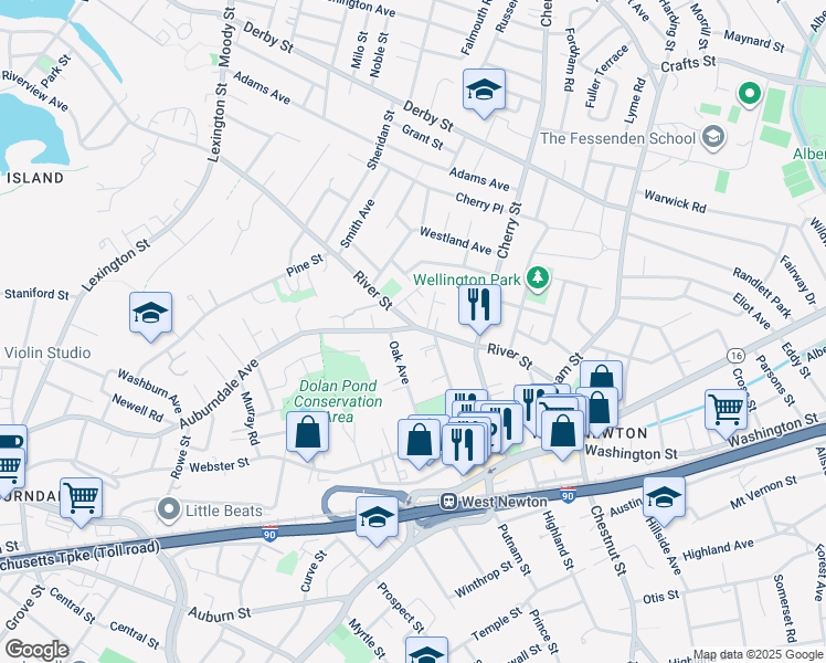 map of restaurants, bars, coffee shops, grocery stores, and more near 24 Auburndale Avenue in Newton