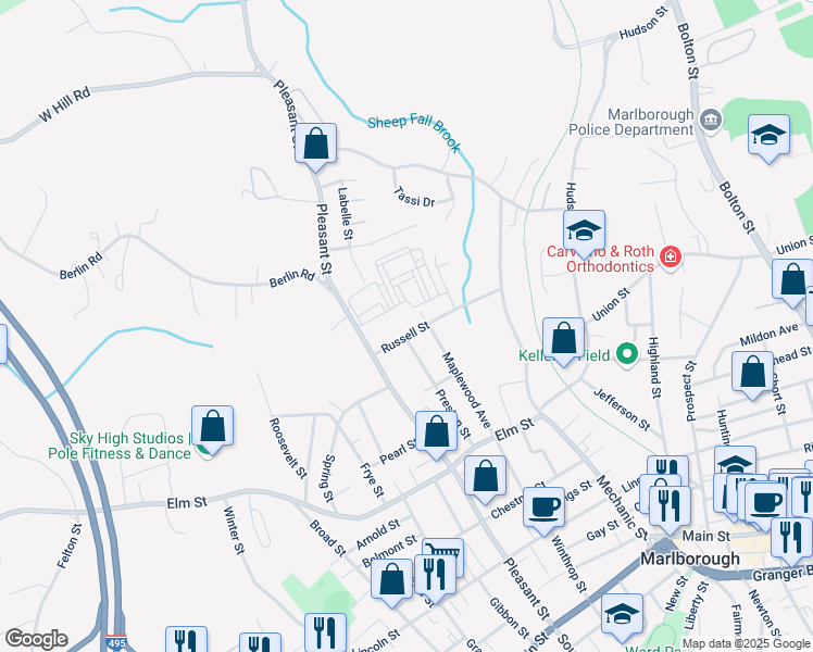 map of restaurants, bars, coffee shops, grocery stores, and more near 87 Russell Street in Marlborough
