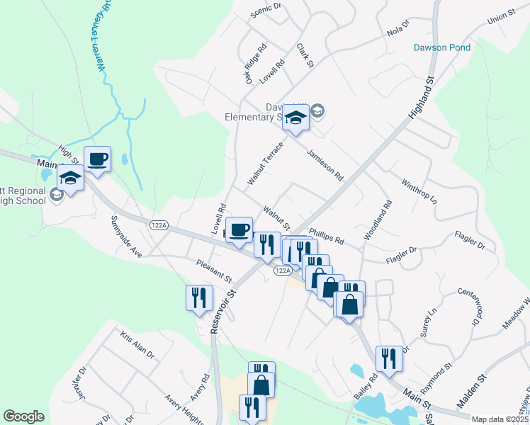 map of restaurants, bars, coffee shops, grocery stores, and more near 40 Maple Street in Holden