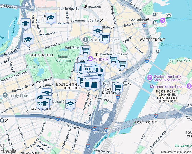 map of restaurants, bars, coffee shops, grocery stores, and more near 8 Harrison Avenue in Boston