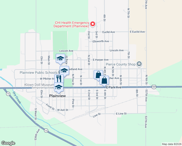 map of restaurants, bars, coffee shops, grocery stores, and more near 207 1st Street in Plainview