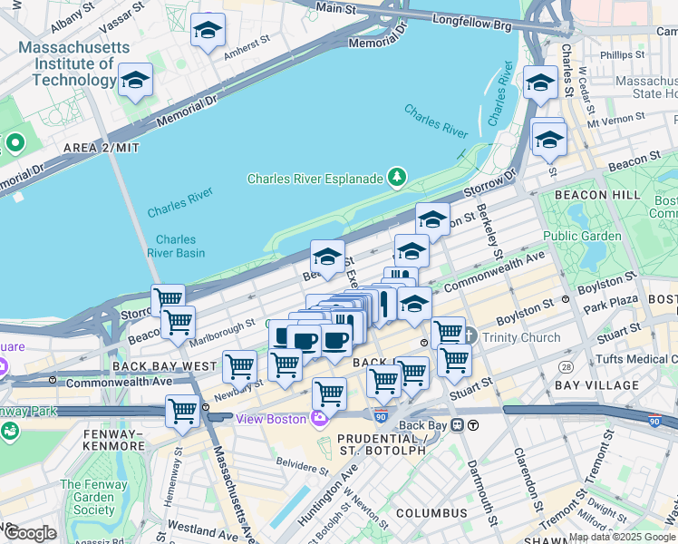 map of restaurants, bars, coffee shops, grocery stores, and more near 305 Beacon Street in Boston