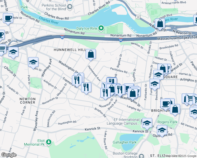 map of restaurants, bars, coffee shops, grocery stores, and more near Hunnewell Avenue in Boston