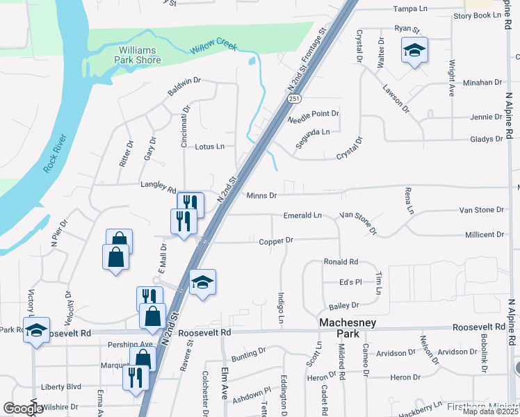 map of restaurants, bars, coffee shops, grocery stores, and more near 824 Emerald Lane in Machesney Park