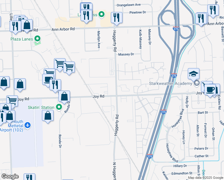 map of restaurants, bars, coffee shops, grocery stores, and more near 8801 North Haggerty Road in Plymouth