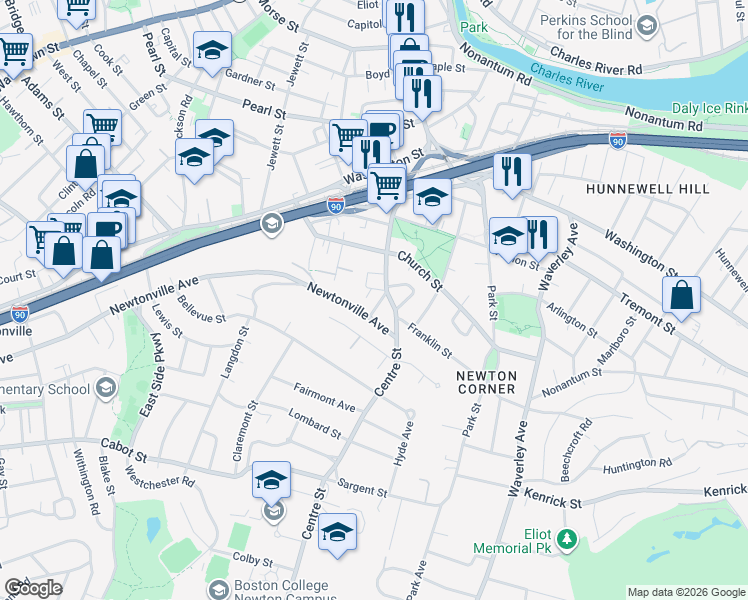 map of restaurants, bars, coffee shops, grocery stores, and more near 9 Mount Ida Street in Newton