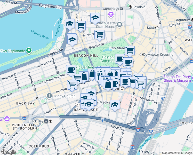 map of restaurants, bars, coffee shops, grocery stores, and more near 62 Charles Street South in Boston