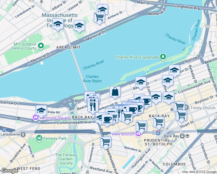 map of restaurants, bars, coffee shops, grocery stores, and more near Charles River Esplanades in Boston