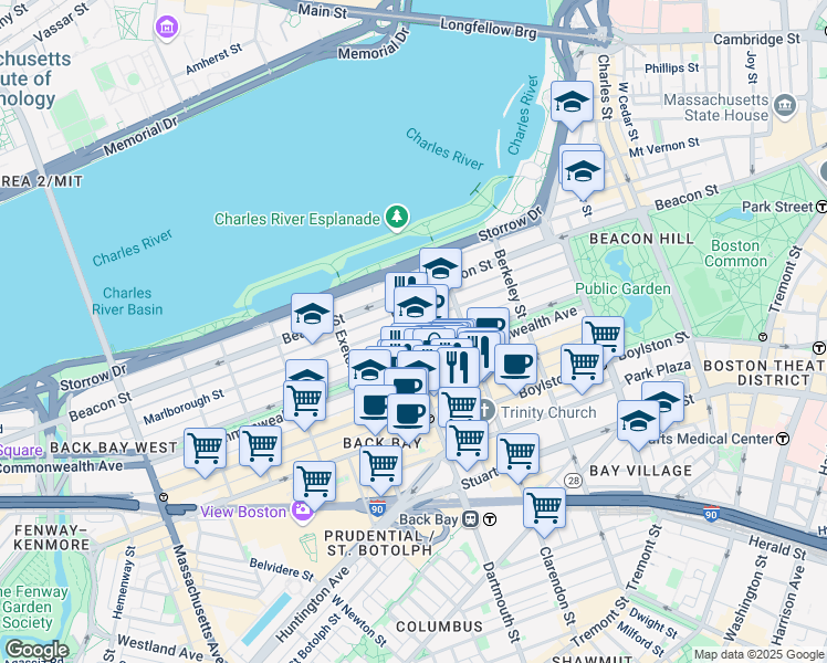map of restaurants, bars, coffee shops, grocery stores, and more near 123 Commonwealth Avenue in Boston