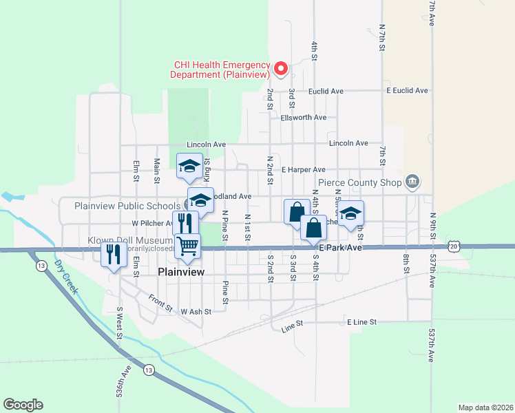 map of restaurants, bars, coffee shops, grocery stores, and more near 207 1st Street in Plainview
