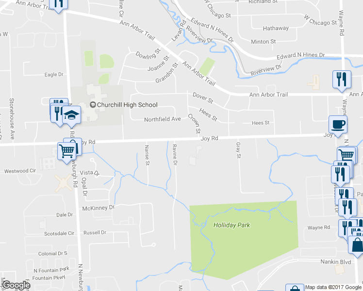 map of restaurants, bars, coffee shops, grocery stores, and more near 36417 Joy Road in Westland