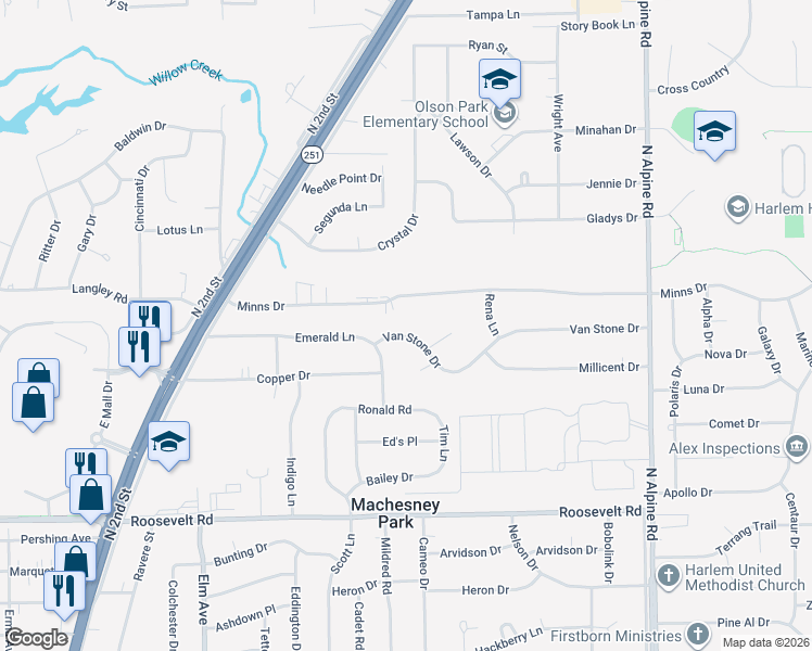 map of restaurants, bars, coffee shops, grocery stores, and more near 1222 Van Stone Drive in Machesney Park