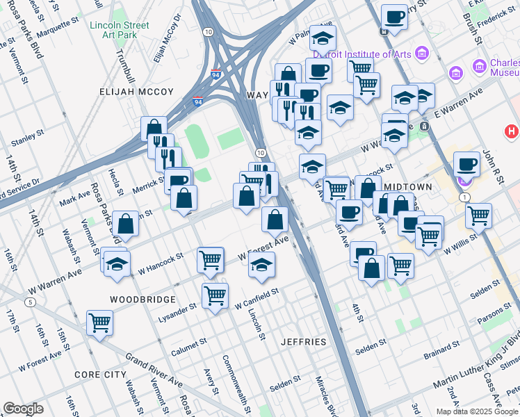 map of restaurants, bars, coffee shops, grocery stores, and more near 1131 West Warren Avenue in Detroit