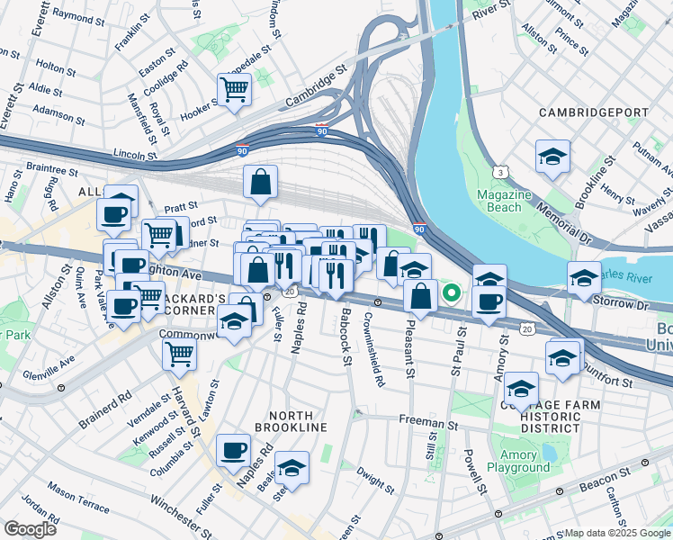 map of restaurants, bars, coffee shops, grocery stores, and more near 270 Babcock Street in Boston