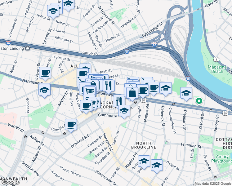 map of restaurants, bars, coffee shops, grocery stores, and more near 66 Brighton Avenue in Boston