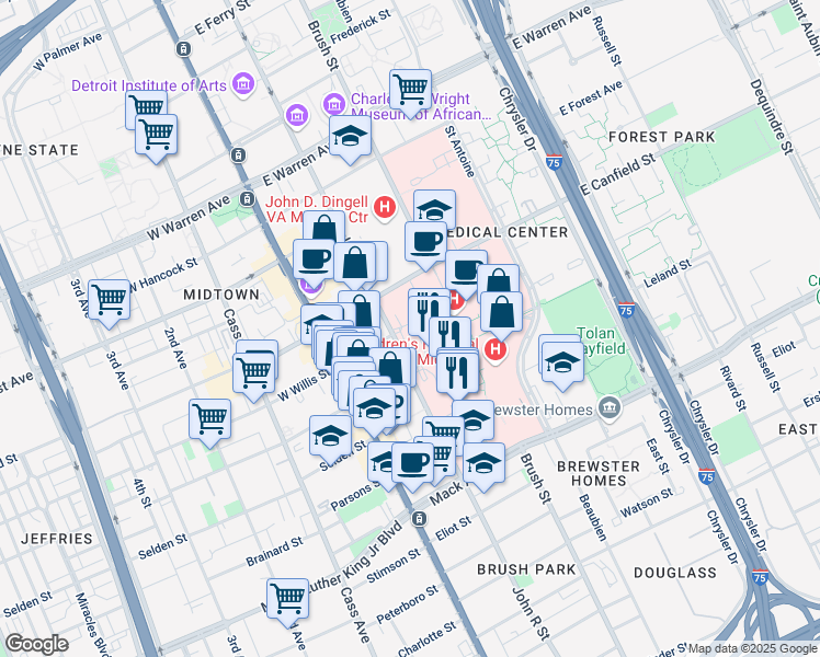 map of restaurants, bars, coffee shops, grocery stores, and more near 4160 East Willis Street in Detroit