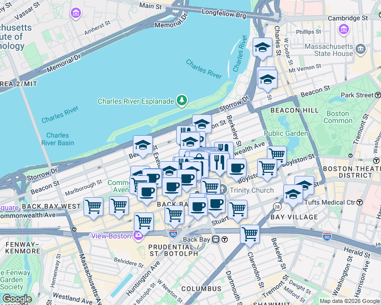 map of restaurants, bars, coffee shops, grocery stores, and more near 123 Commonwealth Avenue in Boston