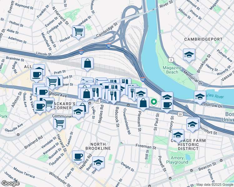 map of restaurants, bars, coffee shops, grocery stores, and more near in Boston