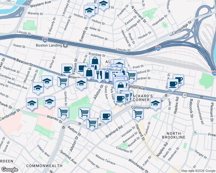 map of restaurants, bars, coffee shops, grocery stores, and more near 21 Quint Avenue in Boston