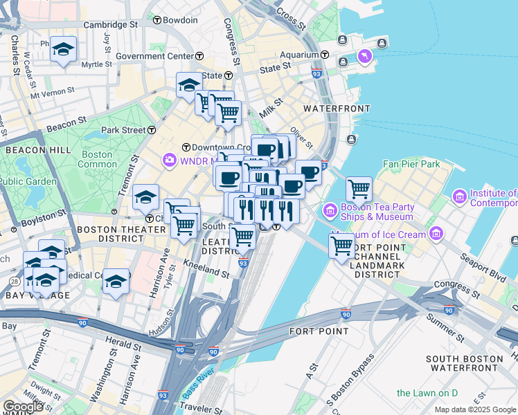 map of restaurants, bars, coffee shops, grocery stores, and more near 182 Summer Street in Boston