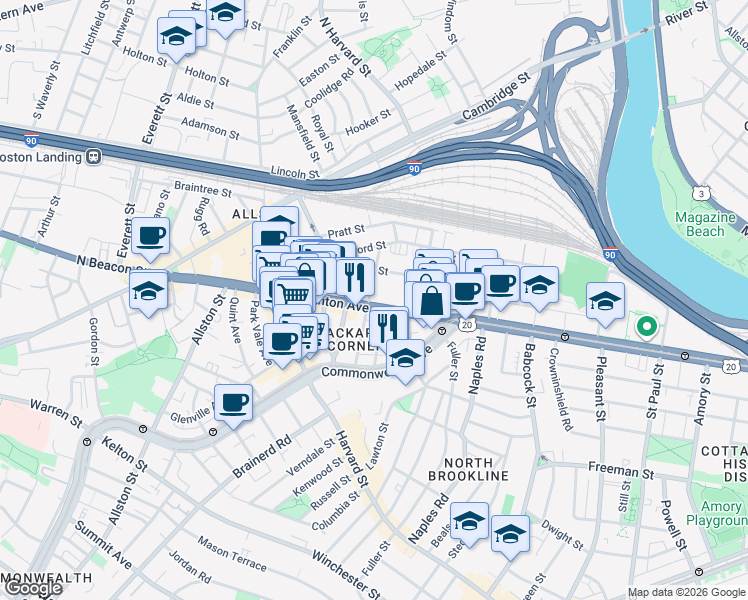 map of restaurants, bars, coffee shops, grocery stores, and more near 66 Brighton Avenue in Boston