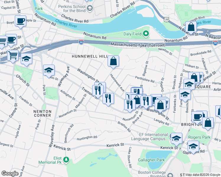 map of restaurants, bars, coffee shops, grocery stores, and more near 703 Washington Street in Boston