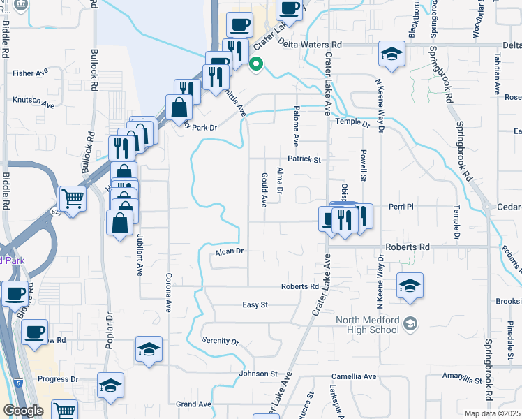 map of restaurants, bars, coffee shops, grocery stores, and more near 2417 Gould Avenue in Medford