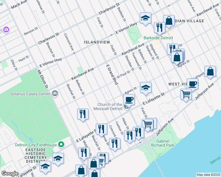 map of restaurants, bars, coffee shops, grocery stores, and more near 1465 Helen Street in Detroit