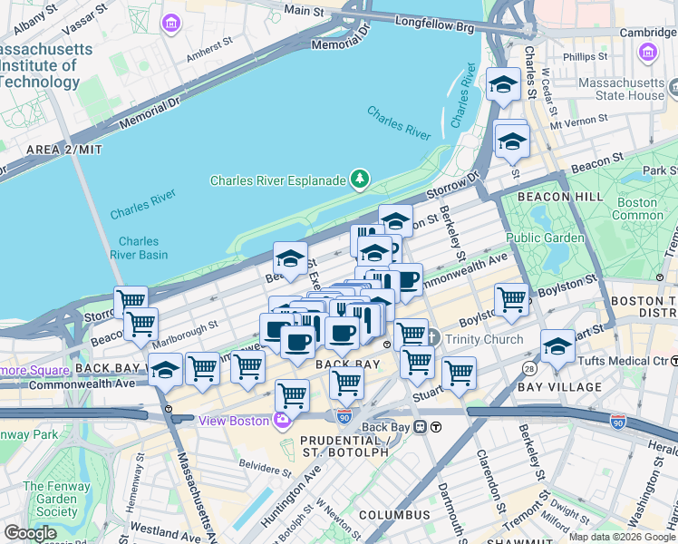 map of restaurants, bars, coffee shops, grocery stores, and more near 177 Marlborough Street in Boston