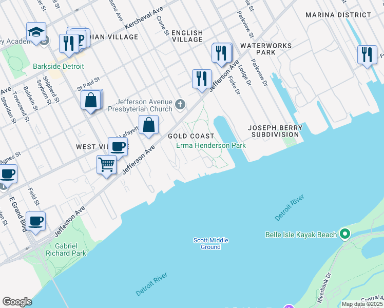 map of restaurants, bars, coffee shops, grocery stores, and more near 415 Burns Drive in Detroit