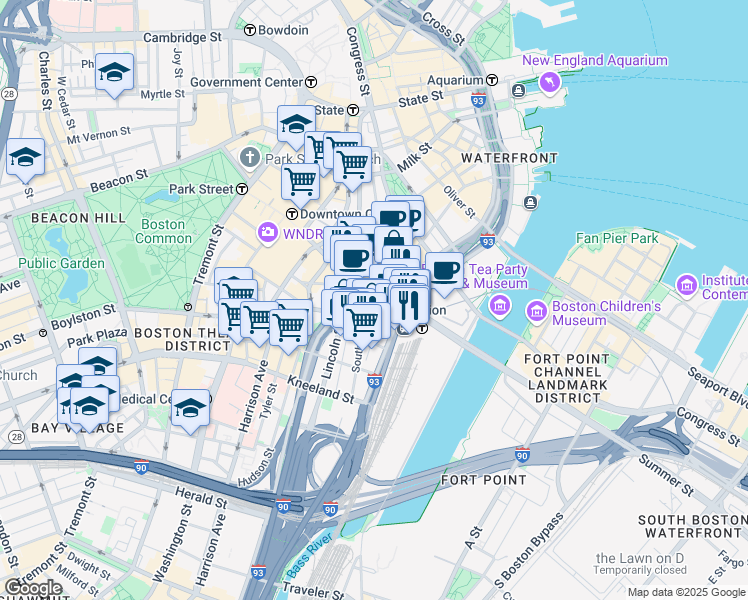 map of restaurants, bars, coffee shops, grocery stores, and more near 1 Atlantic Avenue in Boston