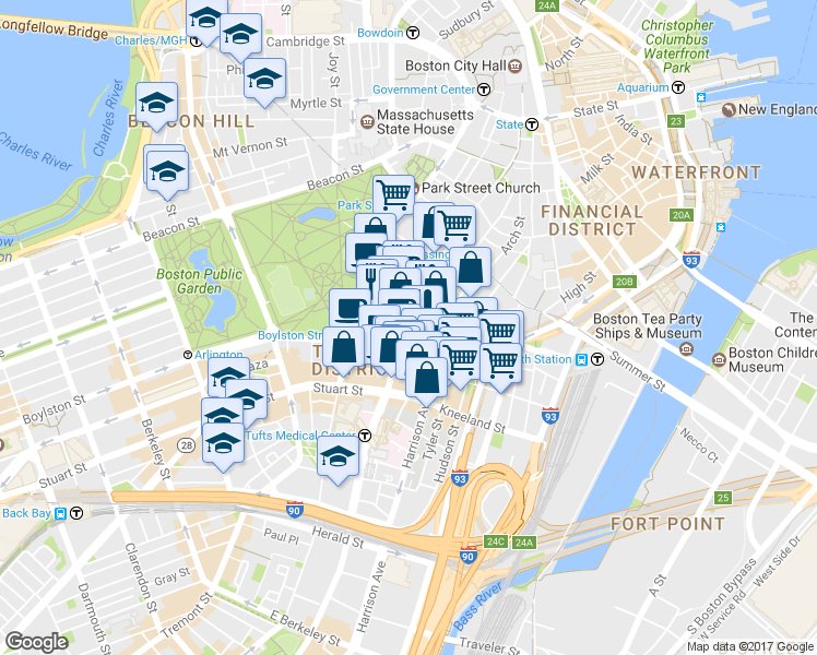 map of restaurants, bars, coffee shops, grocery stores, and more near 4 Avery Street in Boston