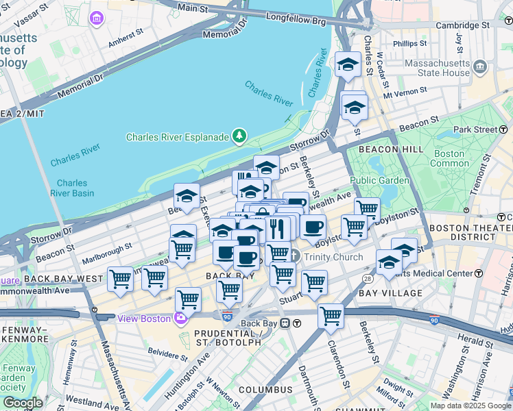 map of restaurants, bars, coffee shops, grocery stores, and more near 123 Commonwealth Avenue in Boston