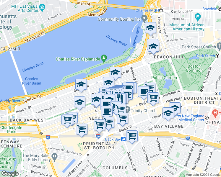 map of restaurants, bars, coffee shops, grocery stores, and more near 123 Commonwealth Avenue in Boston
